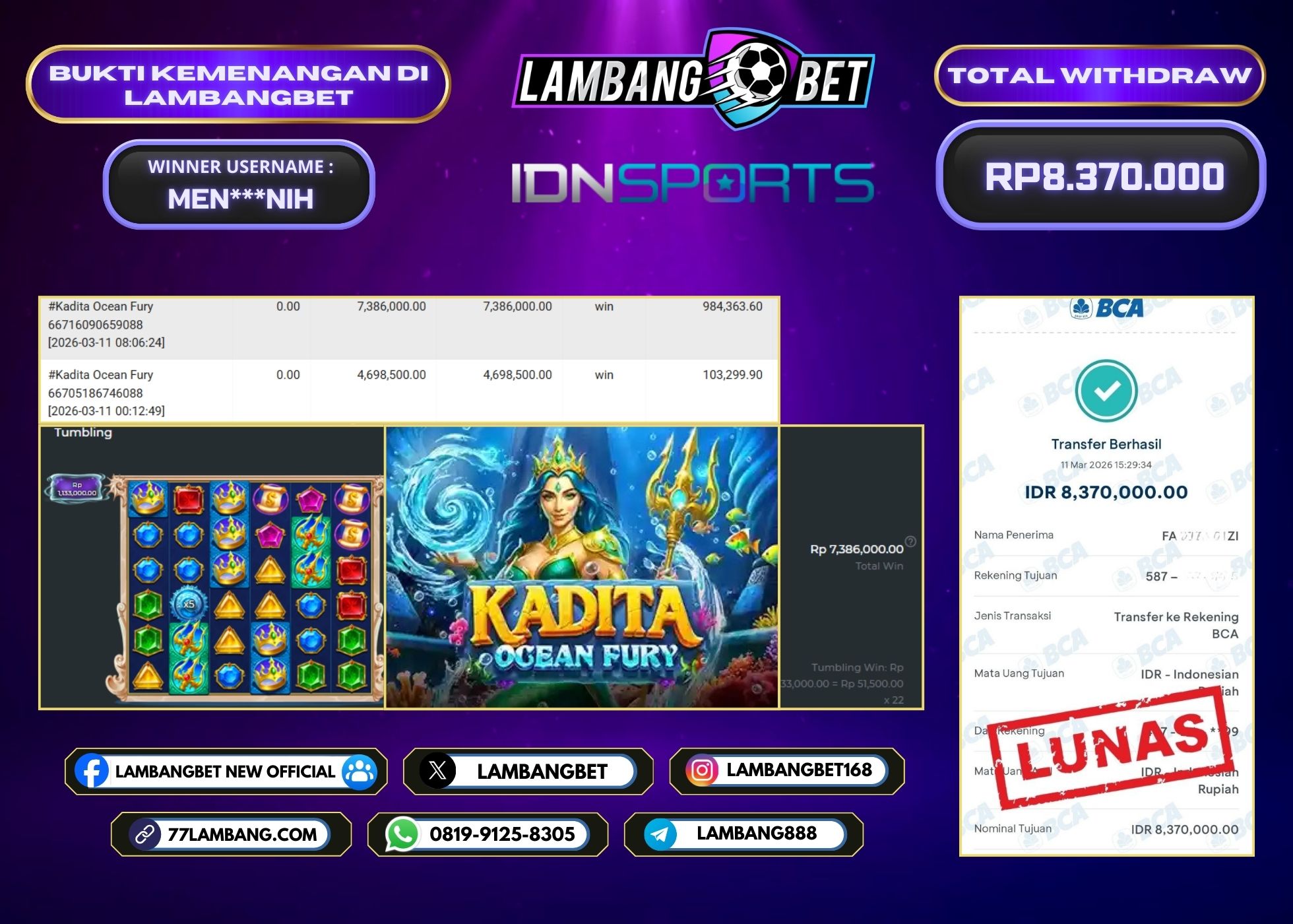 LAMBANGBET [11 MARET 2026] JACKPOT SLOT Kadita Ocean Fury "Rp8.370.000" LUNAS